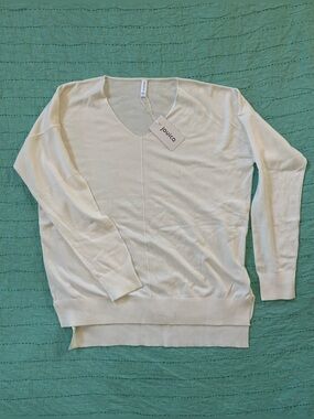 Jouica NWT White V-Neck Knit Sweater Drop Shoulder Ribbed Hem Long Sleeve 2XL